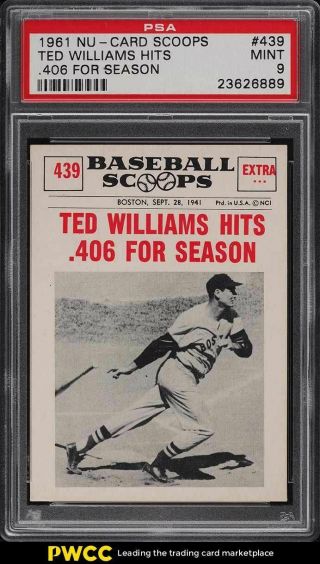 1961 Nu - Card Scoops Ted Williams Hits.  406 For Season 439 Psa 9