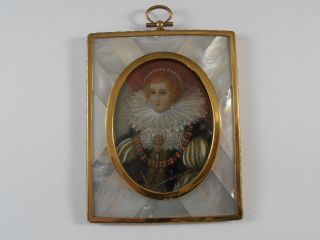Antique Hand Painted Miniature Portrait Victorian Royal Woman Mother Of Pearl