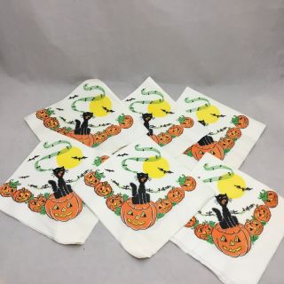 6 Vintage Halloween Paper Napkin (s) 13 " Square,  Black Cat Bats Pumpkins