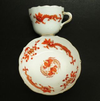 Meissen Red Ming Dragon Antique Porcelain Gilt China Demitasse Cup & Saucer/bowl