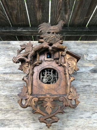 Antique German Black Forest Fancy Cuckoo Clock With Rooster Topper