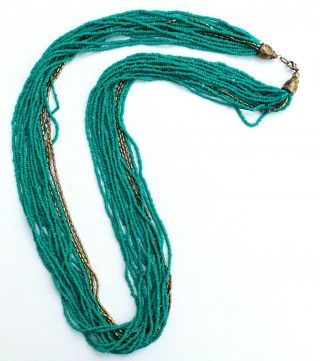 Vintage Multi Strand Teal Glass Seed Bead & Gold Tone Chain Necklace - 35 "