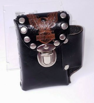 Vtg Harley Davidson Black Leather Cigarette & Lighter Belt Case Holder Usa Made