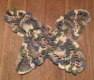 Vintage Hand Crochet Green Blue Gray Variegated Butterfly Doilie