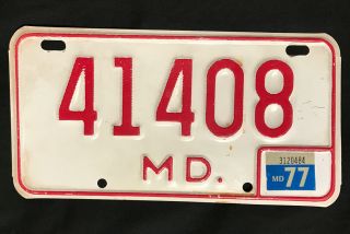 Vintage 1977 Maryland Motorcycle License Plate Tag Red / White