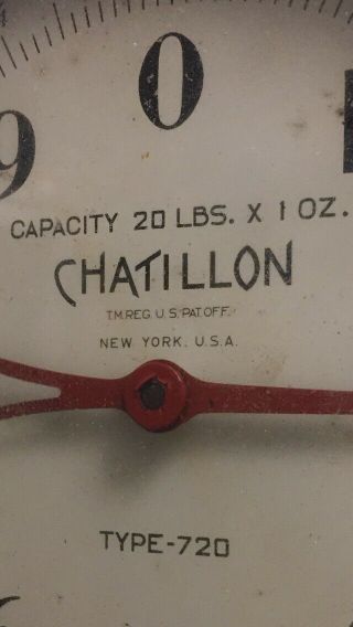 VINTAGE CHATILLON DIAL FACE HANGING SCALE Type 720 20 POUND x 1 Oz 1940s 3