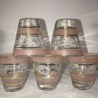 VINTAGE MID - CENTURY COCKTAIL GLASSES PITCHER BAR SET Hand Painted Gold Pink 3