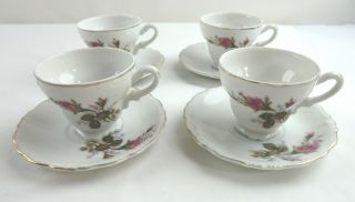 Vintage Set Of 4 Small Footed Cups & Saucers Pink Roses Demitasse Teacups Japan