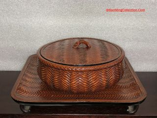 Vintage Fancy Japanese Kamakura - Bori Carved Wood Lacquer Cover Bowl And Tray Set