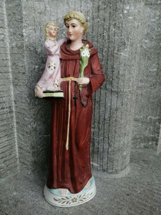 Antique Porcelain Bisque St Anthony Child Jesus Altar Standing Figurine Statue