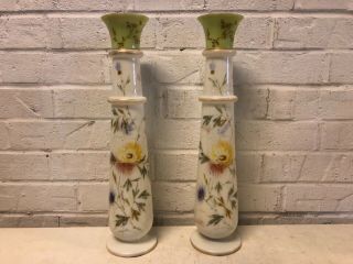Vintage Possibly Antique Tall Bristol Glass Vases With Enamel Floral Decorations