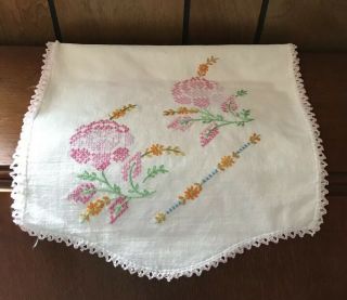 Vintage Table Runner Dresser Scarf Floral Cross Stitch On White