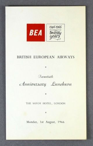 Bea British European Airways 20 Anniversary Lunch Airline Menu 1966 Savoy Hotel