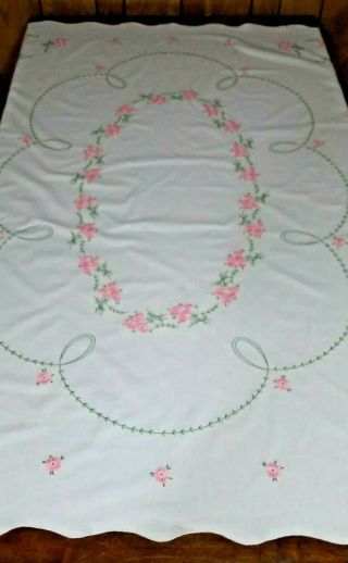 Vintage Tablecloth Embroidered Pink Flowers Scalloped Edge 50 " X68 "