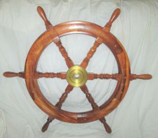 30 " Vintage Wooden Ships Helm Wheel - Brass Center - Boat Nautical Decor