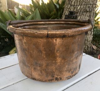 Antique Primitive Copper Cauldron Apple Butter Kettle Cast Iron Handle Dovetail