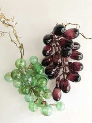 Vintage Hand Blown Glass Grape Cluster Purple And Green Art Glass