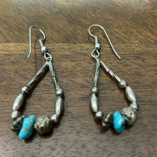Vintage Southwestern Sterling Silver Turquoise Beaded Hoop Dangle Earrings