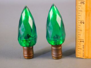 Pair Vintage Art Deco Emerald Green Acrylic Brass Lamp Finials 3  High Pd59