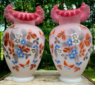 Antique Important Bristol Glass Vases Painted Flowers Butterfly Pink Ruffles Big