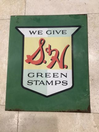 Antique We Give S&h Green Stamps Flanged Sign Double Sided 1950’s