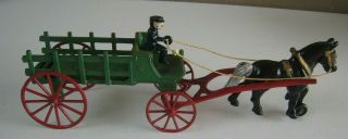Antique Kenton Toys Cast Iron Horse Drawn Stake Wagon With Driver Great Shape
