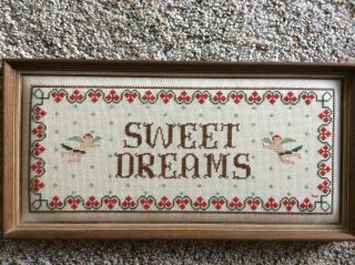 Vintage Framed “sweet Dreams” Cream Red Brown Sampler 12.  5 X 6”