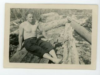 Shirtless Handsome Guy On Beach Barefoot Vintage Photo Gay Interest