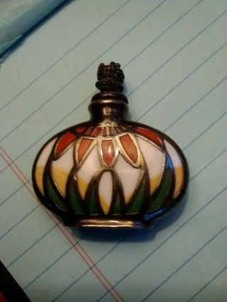 Vintage Art Deco Perfume Bottle Ceramic With Silver Overlay.  Colorful