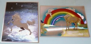 2 Vintage Dufex Foil Art Print Unicorn Rainbow & Night Sky Made England No Frame