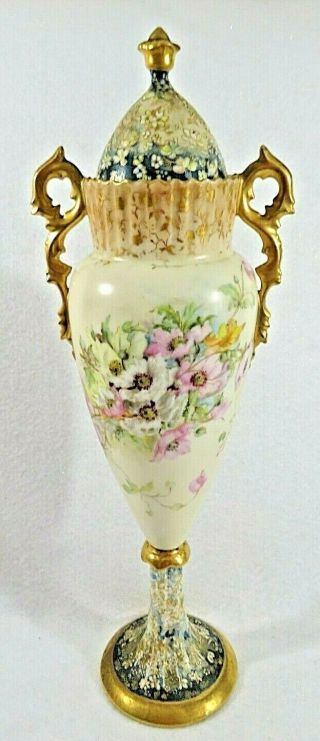 Antique Royal Vienna Porcelain Hand Painted Victorian Floral Vase With Lid