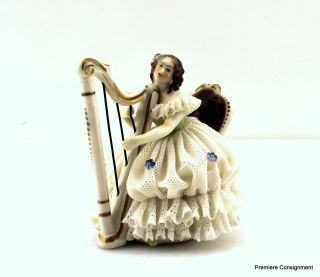 Vintage Volkstedt Dresden Lace Porcelain Figurine " V 20291 " Woman Playing Harp