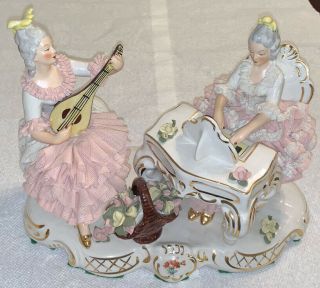 Antique Germany Dresden Lace Porcelain Figurines Girls Ladies Musicians Piano