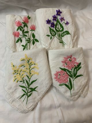 Set 4 Vintage Napkins Hand Embroidered Linen Spring Flowers