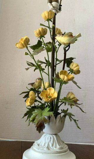 Vintage Tole Table Lamp Yellow Flowers Leaves 2 Birds 1960s