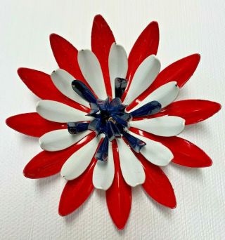 Vintage Enamel Flower Red White Blue Chrysanthemum Large Brooch Pin