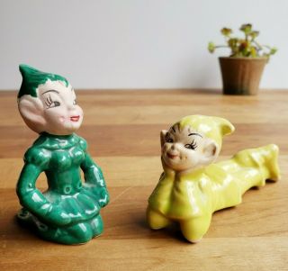 Gilner Pixie Elf Figurines Male Female Green And Lime Green Vintage California