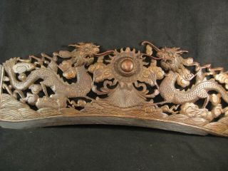 Antique Chinese 160 Year Old Qing Dynasty Hand Carved Wooden 2 Dragons & Pearl
