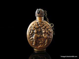 Old Chinese Snuff Bottle In Copper With Embosed Landscape Of Two Women