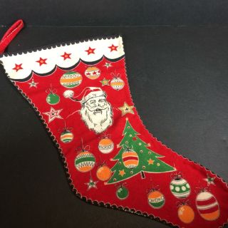 Vintage Merry Christmas Printed Flannel Stocking W/hanger Santa Tree Bells Stars