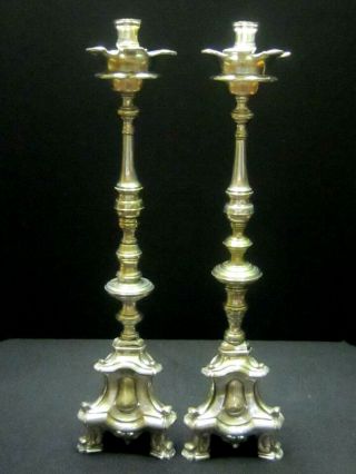 Antique 19th C.  French Gothic Silver Plate Tall Altar Candle Holders