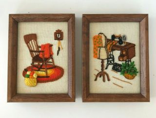 Finished 2 Vintage 1970s Sunset Stitchery Crewel Embroidery Sewing Room Rocker