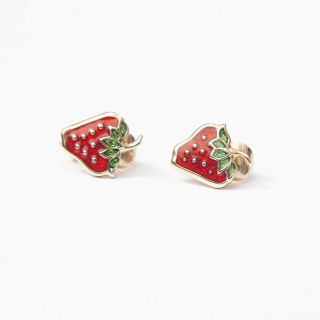 Vintage Avon Strawberries Clip On Earrings Gold Tone Red Summer Fruit Berries