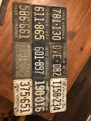 Vintage Virginia License Plates 1958 1954 1972 1970 1965 1948 1961 1956 1950