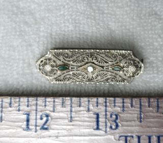 Antique Victorian 14k White Gold Filigree Bar Pin/brooch 3.  6g,  Diamond/emerald?