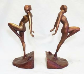 Pair Unusual Antique Art Deco Spelter Nude Dancing Lady Frog Bookends Set