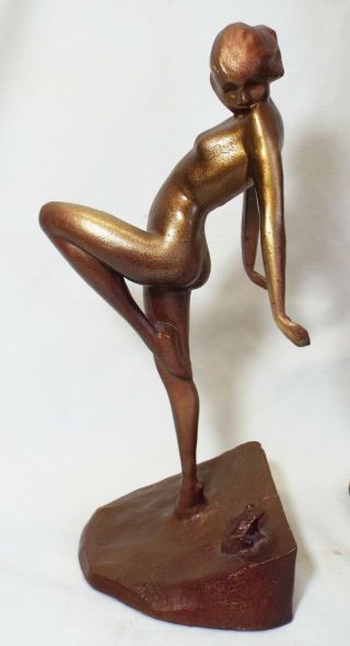 PAIR Unusual Antique ART DECO Spelter NUDE DANCING LADY Frog BOOKENDS SET 2