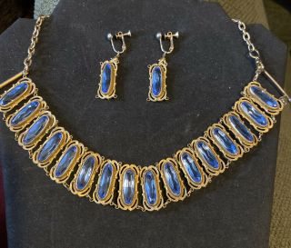 Antique Victorian Edwardian Faceted Blue Glass Open Back Bezel Set Necklace