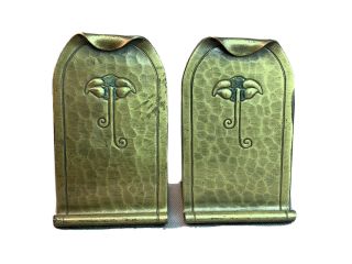 Signed Pair Roycroft Hammered Copper Bookends Arts & Crafts Mission Brass Wash