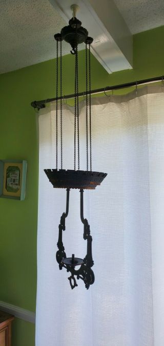 Antique Hanging Oil Lamp B&h Bradley And Hubbard Iron Horse Frame And Elevator